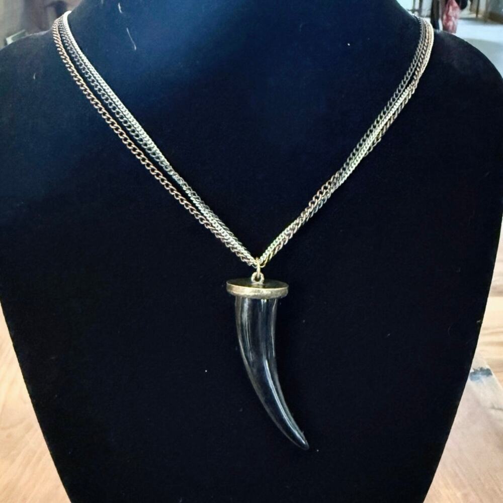 Mixed‑Metal Triple Chain Necklace • Faux Horn Resin Pendant • Adjustable to 22”